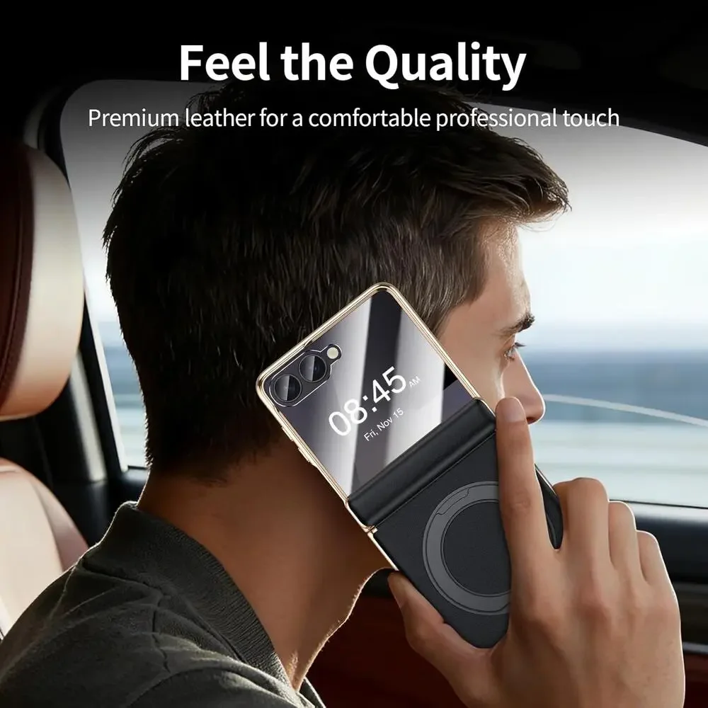 YOOVEI For Galaxy Z Flip 6 Case Luxury Leather With Screen Protector